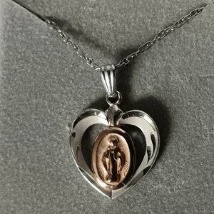 Vintage Sterling Silver & 14KT Gold Mother Mary Heart Pendant Necklace 10"